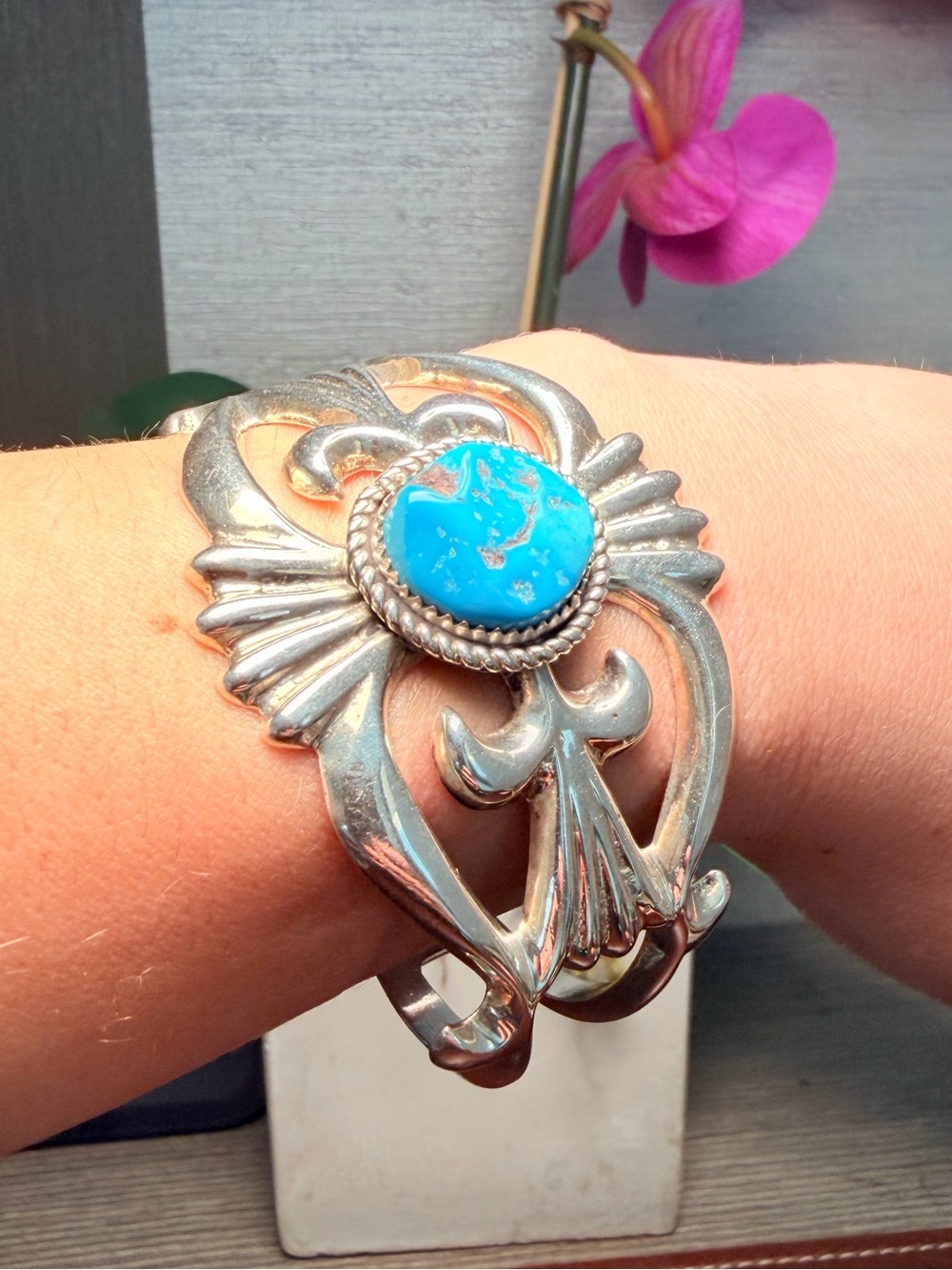 Navajo 925 Sterling Silver & Turquoise Sandcast Cuff Bracelet By Priscilla Bahe